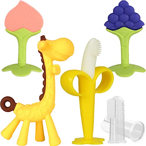 HAILI XMGQ Baby Teething Toys, Silicone Baby Teether Freezer BPA Free, Soothe Babies Teething Relief Sore Gums, Banana Finger Toothbrush, Fruit Shape Giraffe Teether Set for Infant Boys and Girls
