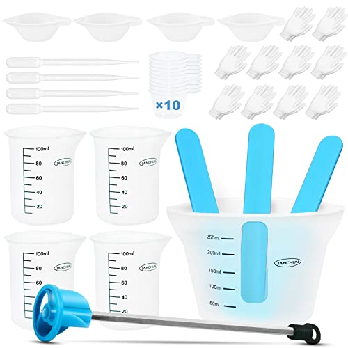 Silicone Measuring Cups for Epoxy Resin,JANCHUN Resin Supplies with 250&100ml Silicone Cups,Silicone Hard Stir Sticks,Epoxy Mixer,Color Cups,Mixing Tools for Resin,Molds,Jewelry Making, Easy to Clean