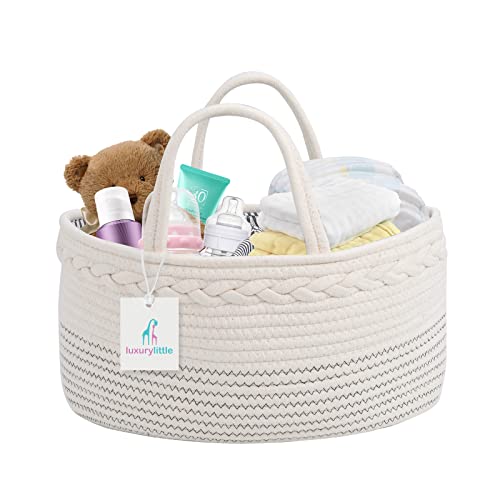 luxury little Baby Diaper Caddy Organizer, Large Cotton Rope Nursery Diaper Basket, Changing Table Organizer, Portable Tote Bag with Divider, Car Storage, Baby Shower Gifts for Newborn