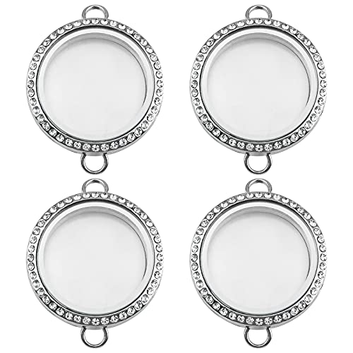 WANDIC Rhinestone Photo Charm, 4Pcs Round Shaped Double Buckle Crystal Photo Pendant Bridal Wedding Bouquet Charms Memory Lockets for 2 Pictures