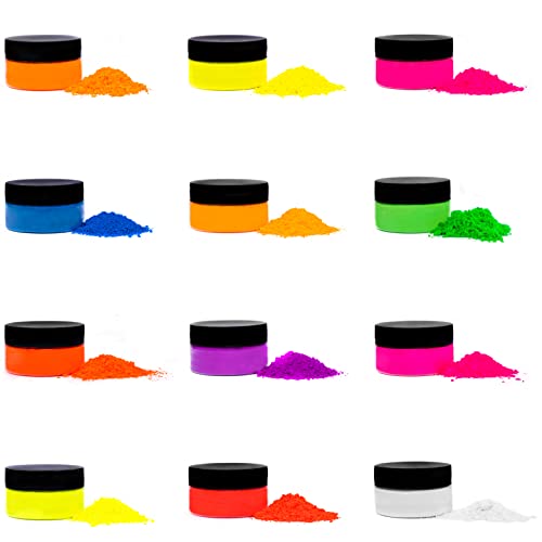 Rolio - Fluorescent Powder - 12 3g Jars of Pigment for Paint, Dye, Soap Making, Nail Polish, Epoxy Resin, Candle Making, Bath Bombs, Slime