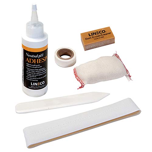 Lineco Book Repair Tool Kit for Simple Repairs and Cleaning, Including Book Repair Tape 1" x 36", Mending Tissue, 0.5" x 12ft, Bone Folder, Cleaning Pad, Neutral pH Adhesive 4 oz, Gum Eraser.