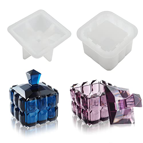 Voaesdk Storage Box Resin Mold with Lid, Diamond Faceted Jar Silicone Mold, Cube Resin Jar Mold for Epoxy Resin, DIY Jewelry Trinket Candy Container Candle Holder Home Decor Organizer Gift
