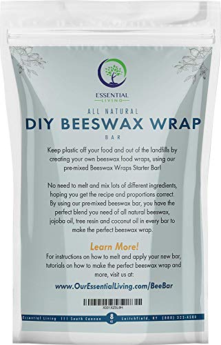 Essential Living: Pre-Mixed DIY Beeswax Wrap Bar - All-Natural Pure Beeswax, Tree Resin, Jojoba Oil and Coconut Oil Bar - 8 oz. - Makes Over 20 Beeswax Food Wrap Sheets - Easy to Use for Beginners