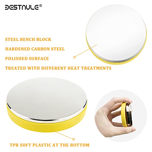 BESTNULE Professional Steel Bench Block, Covered with TPR Soft Plastic at The Bottom, Metal Stamping Table Mirror, Polishing with Chrome Plating for Jewelry Stamping (Dia: 3”, H: 19/32”) (Yellow)