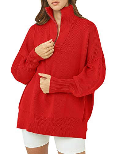 ANRABESS Women's Oversized Long Sleeve Collar 1/4 Zipper Drop Shoulder Ribbed Knit Slit Pullover Sweater 566zhongguohong-S Red