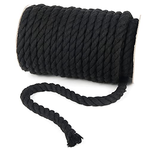Tenn Well Black Macrame Cord 10mm, 50 Feet 3Ply Twisted Thick Cotton Rope for Crafts, Wall Hangings, Plant Hangers, Knotting