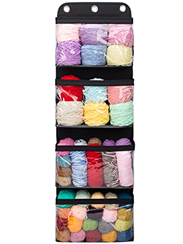 Hanging Yarn Storage Knitting Storage Organizer, Over The Door with 4 Large Clear Shelves Display Holder for Knitting Needles, Crochet Hooks (Black)