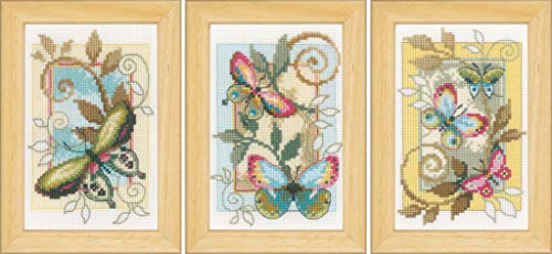 Vervaco Counted Cross Stitch Miniature Kit (Set of 3) Deco Butterflies 3.2" x 4.8"