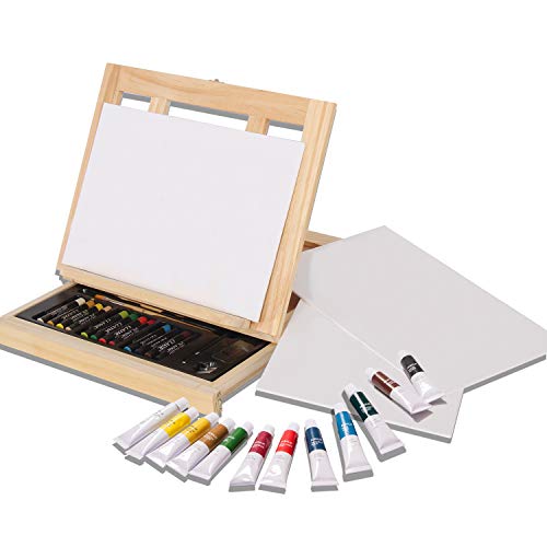 Mixed Media Art Set - 34 Piece, Easel Painting Kit with Wood Table Desk Top Easel Box Includes Acrylic Paints, 3 Canvas Boards, Pastels, Desktop Art Supplies Gift for Beginner Artists, Kids, Adults