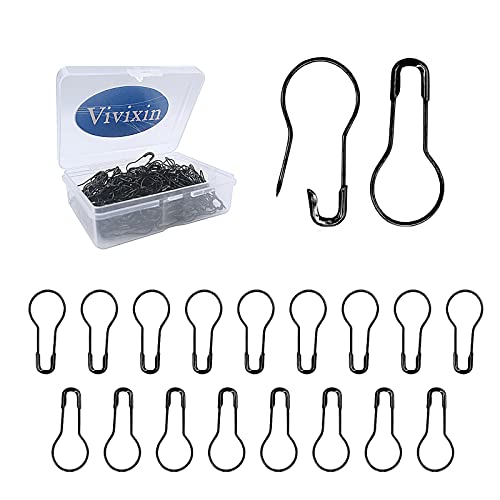 Vivixin Metal Gourd Safety Pins 200pcs, Premium Small Black Safety Pin, Bulb Calabash Tag Pins, Bulb Stitch Markers, Pear Shape Safety Pins Perfect for Clothes Crafting Knitting with Stoage Box