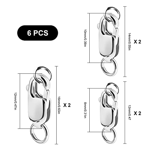 KINBOM 6pcs Lobster Claw Clasps with Open Jump Rings, 8/10/12mm Sterling Silver Lobster Clasp Rectangle Lobster Clasp for Jewelry Making DIY Necklace Bracelet Crafts
