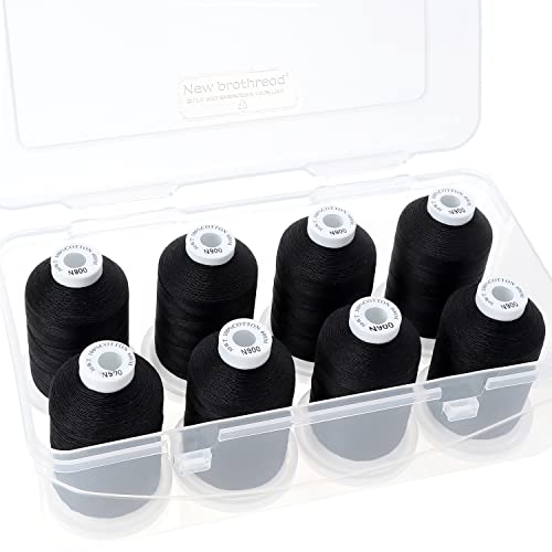New brothread - 18 Options - Multi-Purpose 100% Mercerized Cotton Thread 50S/3 600M Each Spool for Quilting, Serger, Sewing and Embroidery - 8xBlack with Clear Plastic Storage Box