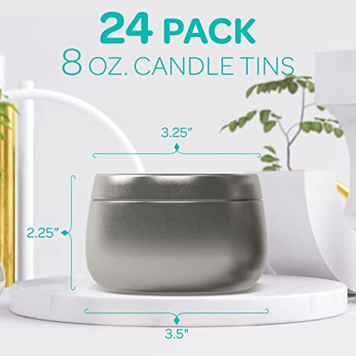 Hearts & Crafts Silver Candle Tins 8 oz with Lids - 24-Pack of Bulk Candle Jars for Making Candles, Arts & Crafts, Storage, Gifts, and More - Empty Candle Jars with Lids