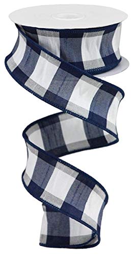 Large Check Faux Dupioni Wired Edge Ribbon - 1.5 Inch x 10 Yards (Navy, White)
