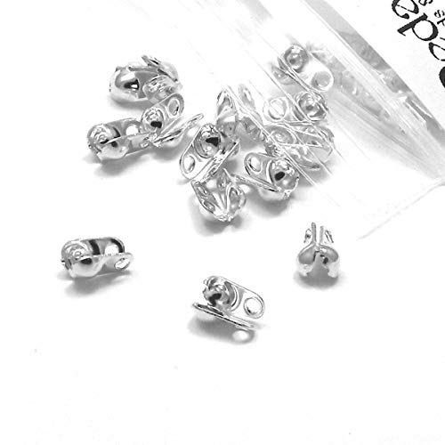 100 Side Fold Clamshell Bead End Tips with Double Loop Hide Knots & Crimp Beads (Silver Plated)