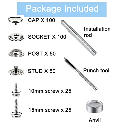350 Pieces Canvas Snap Kit, BetterJonny Stainless Steel Screws Snaps Marine Grade Canvas Upholstery Boat Snaps Fastener Press Stud Cap with 3 Setting Tools Material Hole Punch for DIY Cover Leather