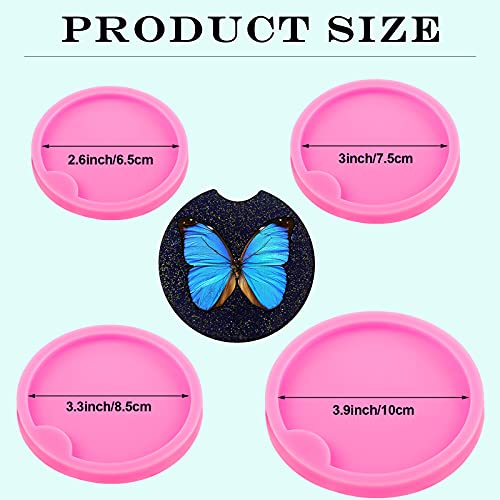 8 Pieces Car Coaster Mold DIY Round Coaster Silicone Mold Epoxy Resin Casting Mold DIY Molds Silicone Keyring Mold for Cup Mats, Home Decoration, Pink, 6.5 cm, 7.5 cm,8.5cm, 10cm Diameter