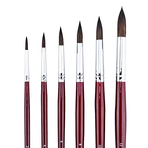 Transon 6pcs Natural Hair Long-Handle Round Paint Brush Set for Watercolor Gouache Ink Acrylic Painting