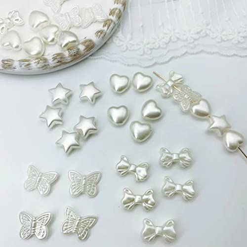 200 PCs ABS Imitation Pearl Beads - 10mm White Butterfly Star Heart Bowknot Beads - Aesthetic Beads for Jewelry Making Bracelets Necklace