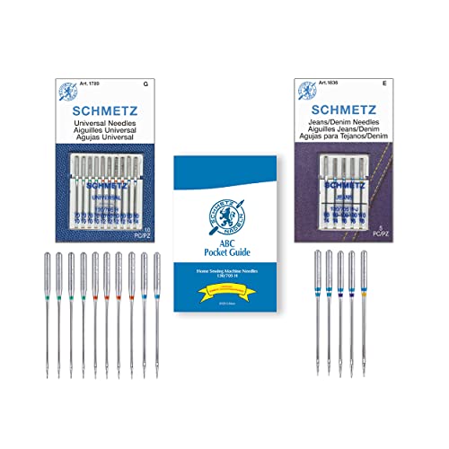 SCHMETZ Jean/Denim and Universal Sewing Machine Needle Combo Pack (15 Needles Total and 1 SCHMETZ ABC Pocket Guide)