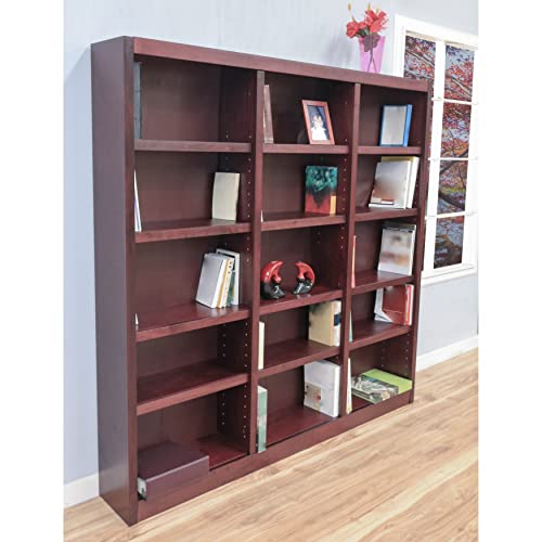 Traditional 72" Tall 15-Shelf Triple Wide Wood Bookcase in Cherry