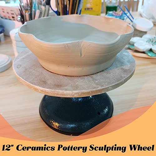 FLKQC Ceramics Pottery Sculpting Wheel | 12" Diameter Heavy Duty Metal Pottery Decorating Banding Wheel with Non-Skid Rubber Boot & Ball Bearings (12 inch Metal)