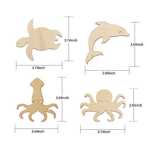 Newbested 48 Pack Unfinished Wooden Ocean Sea Animal Life Cutouts,Octopus,Shark,Whale,Dolphin,Turtle,Crab,Squid,Seahorse Shapes Model for Home Decor Ornament,DIY Craft Art Project(6 PCS/Shape)