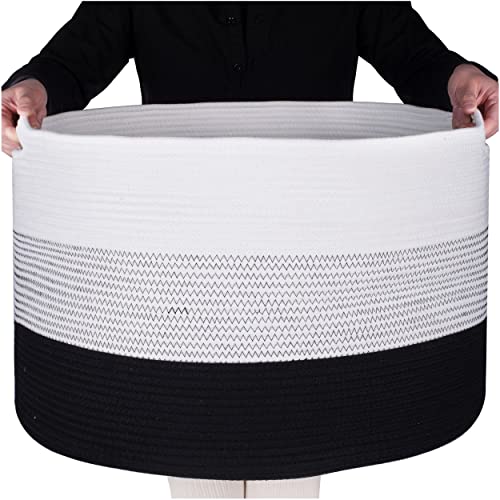 MINTWOOD Design Extra Large 22 x 14 Inches Blanket Storage Basket, Laundry Basket, Decorative Woven Cotton Rope Baskets for Blanket Storage Living Room, Toy Storage Basket Bin, Black Stitching