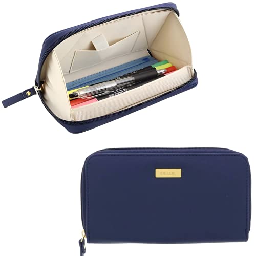 SUN-STAR FLat Pencil Case Compact, Cosmetic Makeup Pouch, Lay Flat Pen, Navy