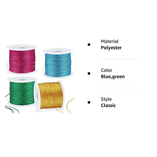 440 Yards Metallic Cord Tinsel Rope for Craft Jewelry Making, Ribbon Wrap Thread Tag Cord for Christmas Ornament Hanging Decoration (Rose, Lake Blue, Grass Green, Gold)