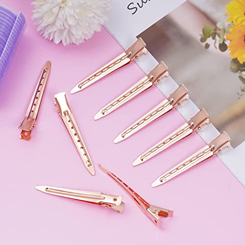 24 Packs Duck Bill Clips, Bantoye 2.75 Inches Rustproof Metal Alligator Curl Clips with Holes for Hair Styling, Hair Coloring, Rose Gold