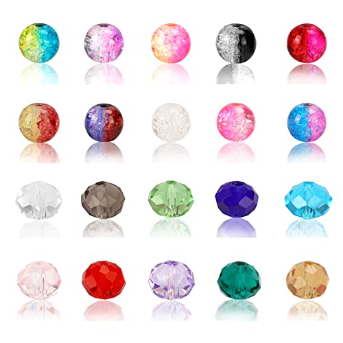 QUEFE 400pcs 8mm Glass Beads for Jewelry Making Bracelets Including 200pcs Faceted Crystal Glass Beads and 200pcs Crackle Lampwork Glass Round Beads Assorted Colors(2 Box)