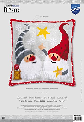 Vervaco Cross Stitch Christmas Embroidery Kits Pillow Front for Self-Embroidery with Embroidery Pattern on 100% Cotton, 15,75 x 15,75 Inches - 40 x 40 cm, Christmas Gnome Star