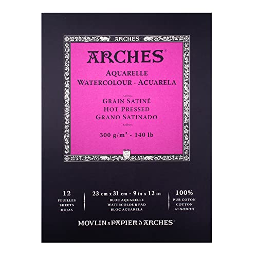 Arches Watercolor Pad 9x12-inch Natural White 100% Cotton Paper - 12 Sheet Arches Hot Press Watercolor Paper 140 lb Pad - Arches Art Paper for Watercolor Gouache Ink Acrylic and More