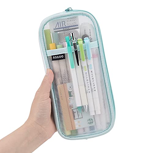 EASTHILL Grid Mesh Pen Pencil Case with Zipper Clear Makeup Color Pouch Cosmetics Bag Multi-Purpose Travel School Teen Girls Transparent Stationary Bag Office Organizer Box for Adluts(Green)