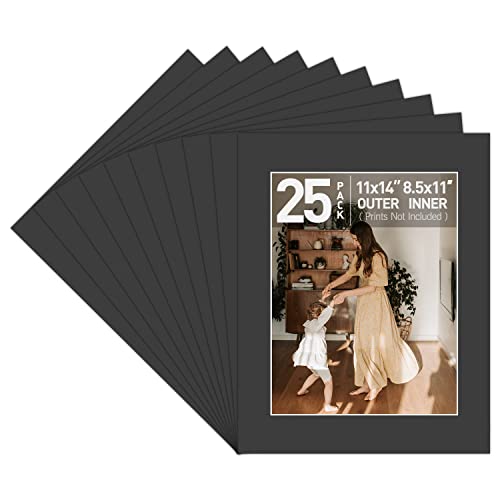 Golden State Art, Acid Free, Pack of 25 Black Pre-Cut 11x14 Picture Mat, for 8.5x11 Photo/Document, with White Core Bevel Cut Mattes