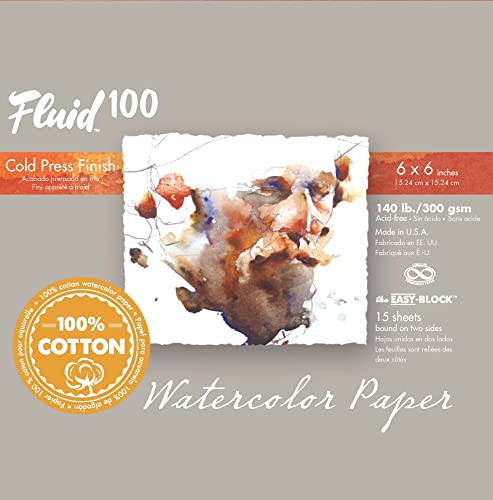 Fluid 100 Artist Watercolor Block, 140 lb (300 GSM) 100% Cotton Cold Press Pad for Watercolor Painting and Wet Media w/ Easy Block Binding, 6 x 6, 15 Sheets