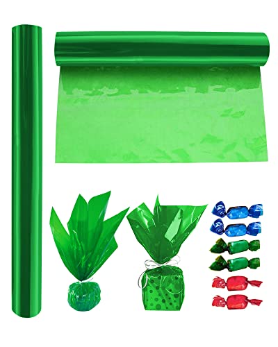 JOYIT Green Cellophane Wrap Roll (200’ Ft. Long X 17.5” in. Wide) - 2.5 Mil Thick Transparent Green Cellophane Wrapping Paper, Colored Cellophane Wrap for Gift Flower Basket Decoration