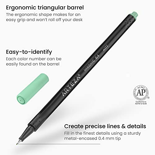 ARTEZA Inkonic Fineliners Fine Point Pens, Set of 72 Fine Tip Markers with Color Numbers, 0.4mm Tips, Ergonomic Barrels, Brilliant Assorted Colors, Art Supplies for Coloring, Drawing & Detailing