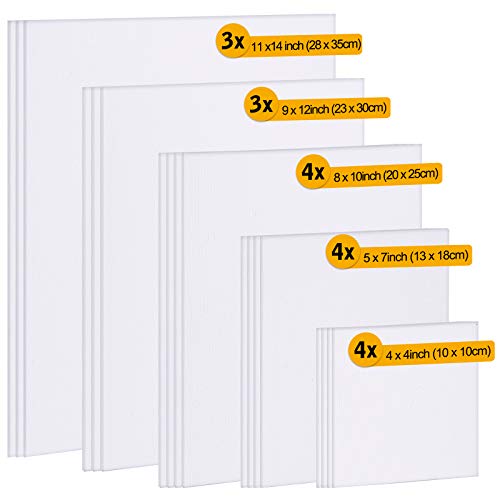 Fixwal 18 Pack Canvases for Painting Art Canvas Boards Canvas Panels Multipack, 4x4, 5x7, 8x10, 9x12, 11x14 Inches, 3mm Thickness Canvas Value Multi Pack for Acrylic Pouring, Oil Paint Art