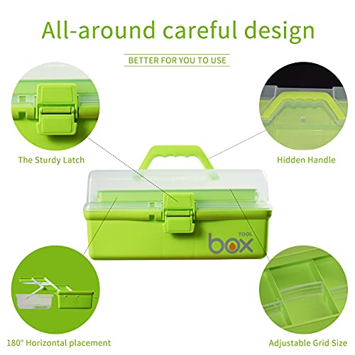 12in Three-Layer Multipurpose Storage Box Organizer Folding Tool Box / Art & Crafts Case / Sewing Supplies Organizer / Medicine Box / Family First Aid Box with 2 Trays (Green))
