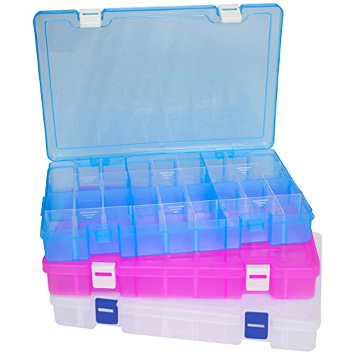 Qualsen Bead Organizer Plastic Compartment Box with Adjustable Dividers Craft Tackle Organizer Storage Containers Box 34Grid 3PCS (Pink+Blue+White)