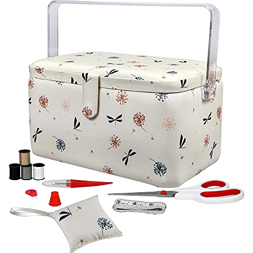 SINGER Large Premium Sewing Basket with Notions Sewing Kit & Matching Pin Cushion (Anthriscus Print)