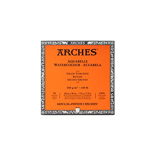 Arches Watercolor Block 7.9x7.9-inch Natural White 100% Cotton Paper - 20 Sheets of Arches Watercolor Paper Rough 140 lb - Arches Art Paper for Watercolor Gouache Ink Acrylic and More