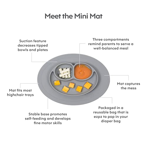 ez pz Mini Mat (Gray) - 100% Silicone Suction Plate with Built-in Placemat for Infants + Toddlers - First Foods + Self-Feeding - Comes with a Reusable Travel Bag