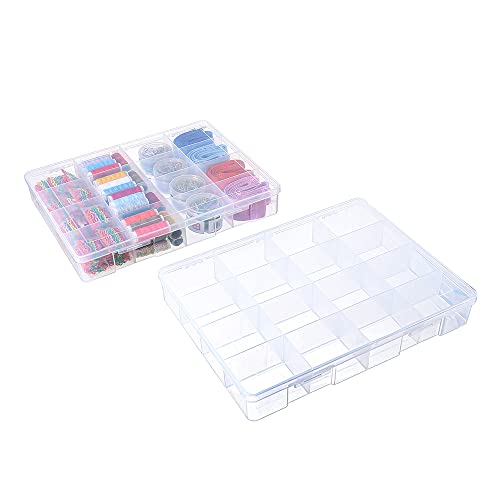 BangQiao 2 Pack Fixed 16 Grids Clear Plastic Large Compartment Container Case, Transparent Organizer Storage Divider Box with Lid for Bead, Button, Hardware, Screw, Sewing Kit, Craft Supplies