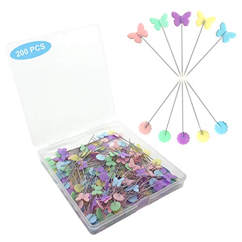 200pcs Sewing Pins Flat Head Straight Pins with Butterfly and Flower Colored Heads, Long 2.16inch Quilting Pins for Dressmaker, Craft, Sewing Project and DIY Decoration (Butterfly and Flower)