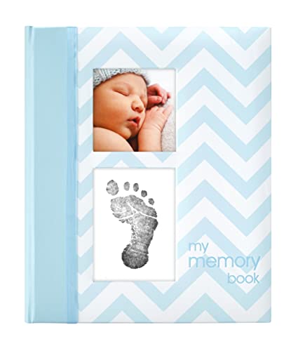 Pearhead First 5 Years Chevron Baby Memory Book with Clean-Touch Baby Safe Ink Pad to Make Baby's Hand or Footprint Included, Blue