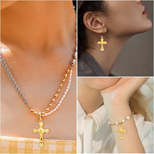 Aylifu 40pcs Golden Rosary Cross Charms and Center Miraculous Medal with Maria Crucifix Cross Pendants and Oval Chandelier Links for Easter Holidays Rosary Jewelry Making, 4 Styles